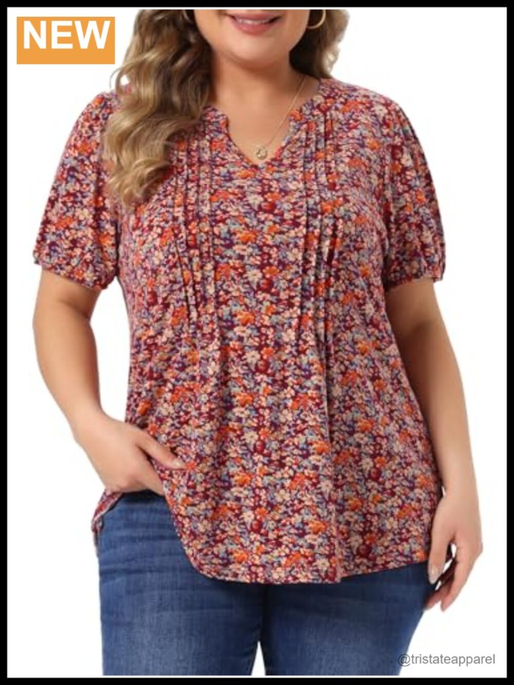 Plus Size Short Sleeve Blouse Floral Notch V Neck Pleated